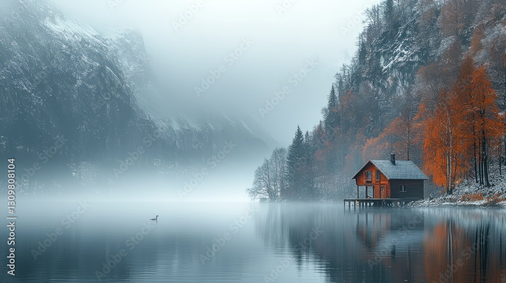 Fototapeta premium Misty Mountain Lake Cabin in Winter
