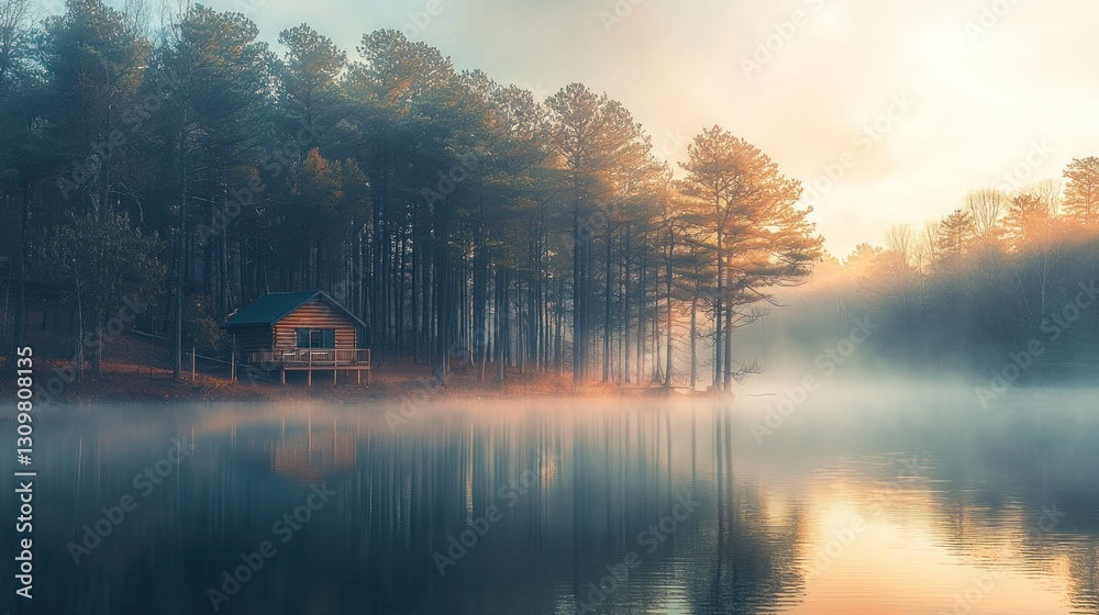 Fototapeta premium Misty Sunrise Cabin on Lakeside Forest