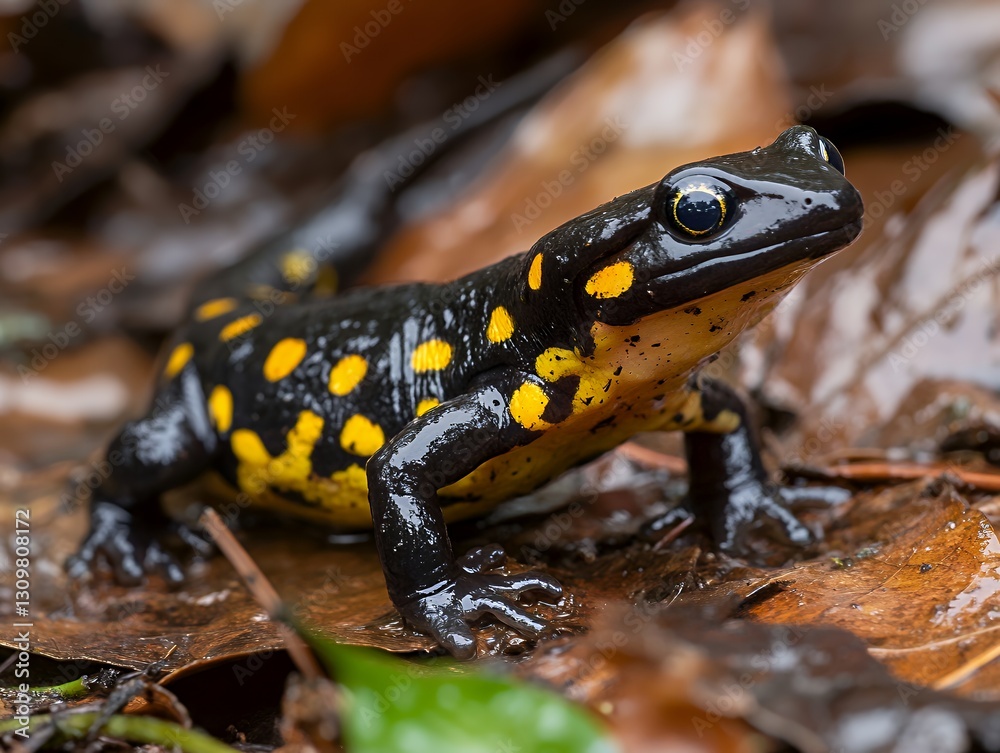 spotted salamander emerging from moist forest floor spotted salamander emerging from moist forest floor