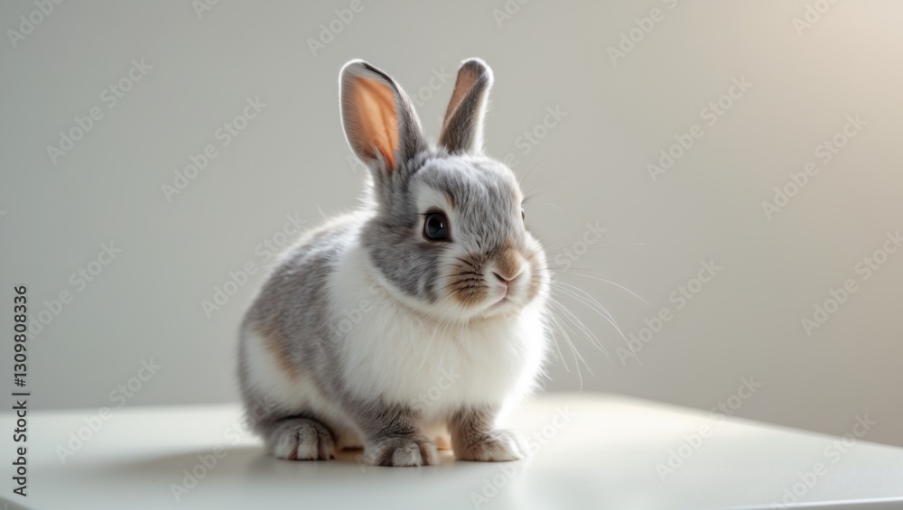 Obraz premium A baby rabbit is sitting on a white surface