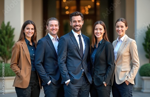 Advertising portrait of hotel staff team in front of luxury entrance. Diverse smiling employees in suits pose together. Business concept commercial image presents professionals, service, expertise.