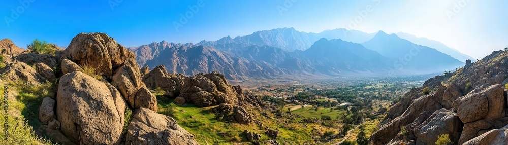 Majestic Mountain Landscape Under Clear Blue Sky in Daylight Majestic Mountain Landscape Under Clear Blue Sky in Daylight