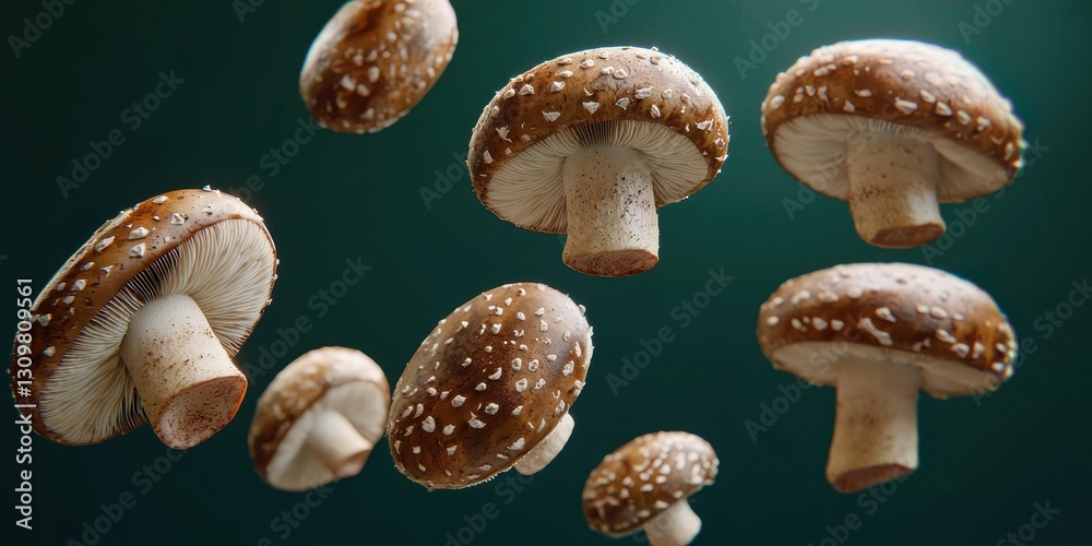 Floating porcini mushrooms with thick, brown caps on a deep green background Floating porcini mushrooms with thick, brown caps on a deep green background