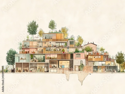 a cross section of a street with terrace buidlings on each side with a small front garden in each side