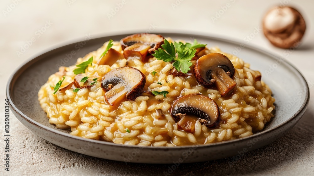 Creamy Mushroom Risotto on Gray Plate with Parsley Garnish Creamy Mushroom Risotto on Gray Plate with Parsley Garnish