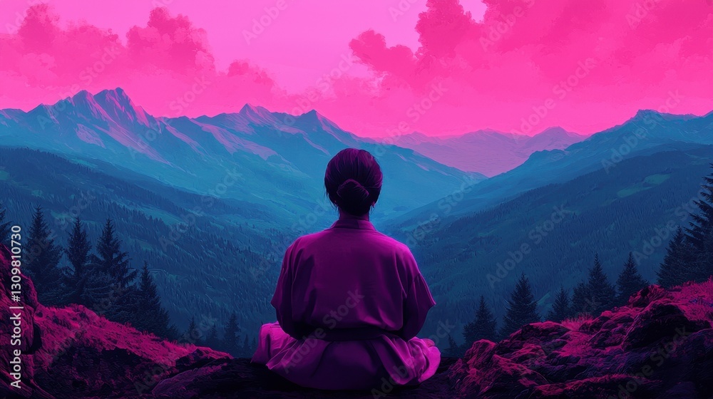 Fototapeta premium Serene Meditation at Dawn Surrounded by Majestic Mountain Landscape