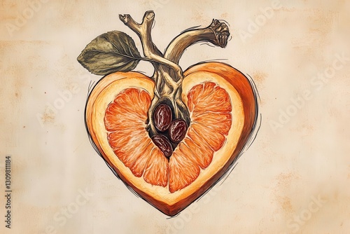 playful heart sketch with a peachslice atrium and raisin veins sunny oranges and browns whimsical ink lines quirky health and food blend bright cheerful backdrop photo