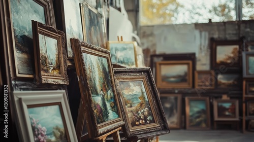 Art gallery displaying many paintings in various frames.