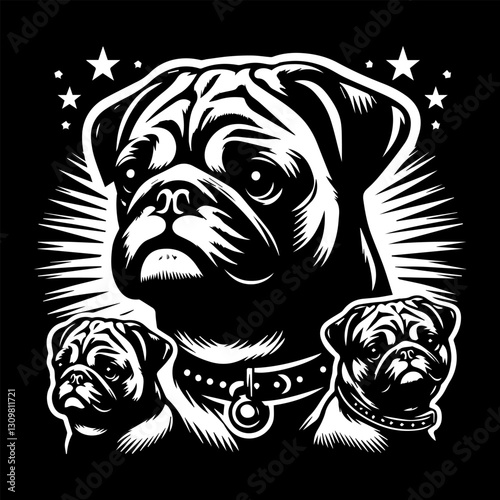 Pug's head is a black and white logo. EPS vector graphics.