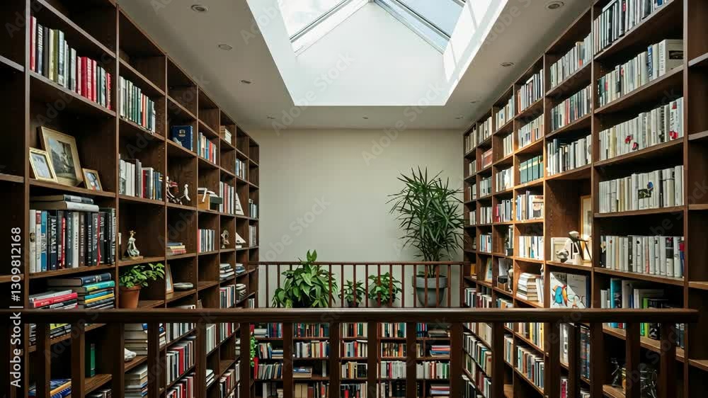A modern library with ample light and organized shelves of books A modern library with ample light and organized shelves of books