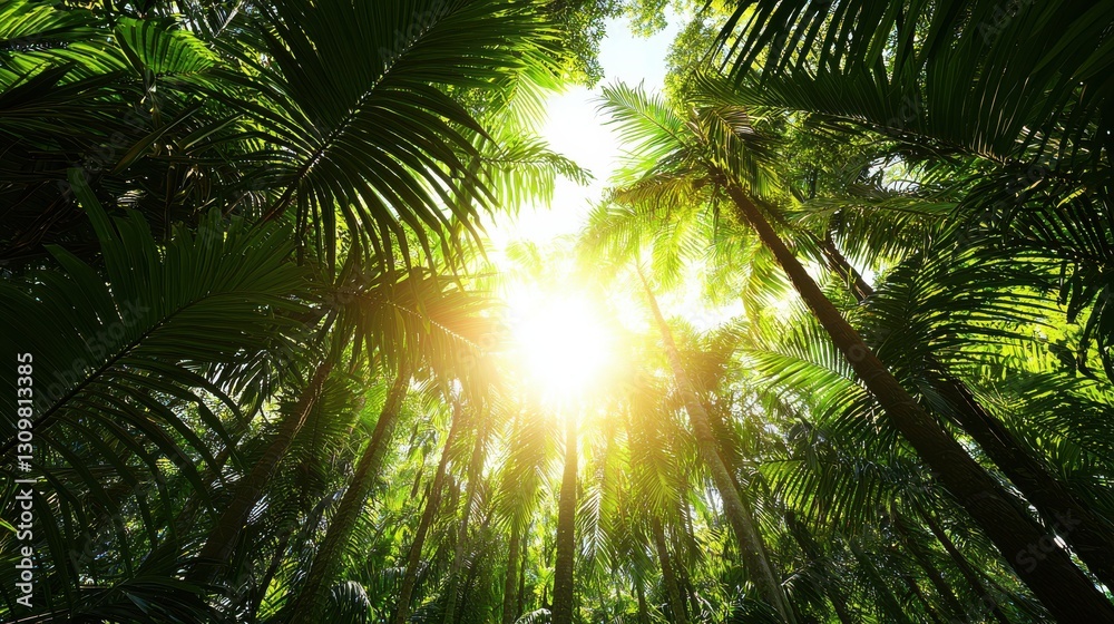 Naklejka premium Lush Green Tropical Rainforest Canopy with Bright Sunlight