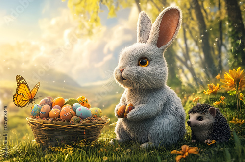 Easter with colored eggs and sweet bunny