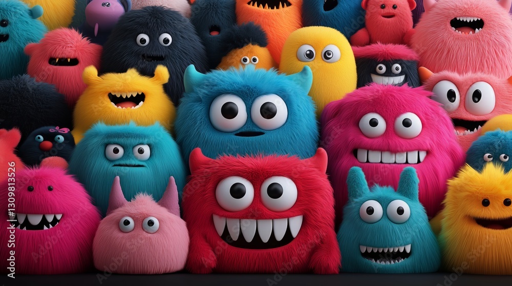 Fototapeta premium Bright, happy, stylish, cool unpredictable colorful monsters in funny situations.