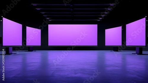 Modern Digital Display Room with Multiple Purple Screens in Dark Space