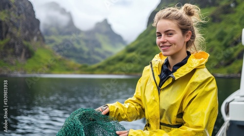 Woman Fisherman on Boat with Net, Mountains Background