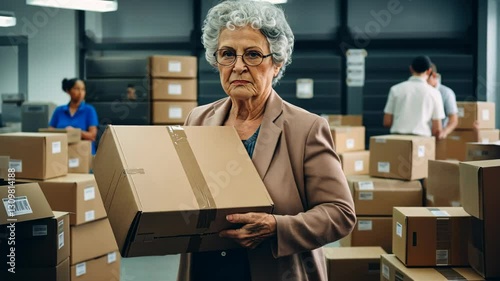 Female employee carrying boxes in a warehouse during relocation photo
