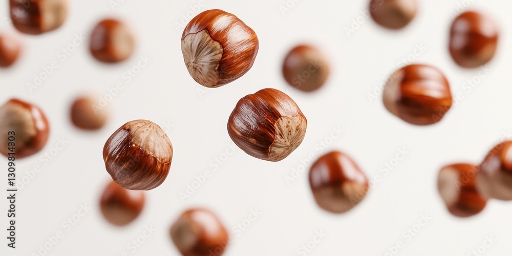 Floating roasted hazelnuts with shiny brown skins on a pastel white background Floating roasted hazelnuts with shiny brown skins on a pastel white background