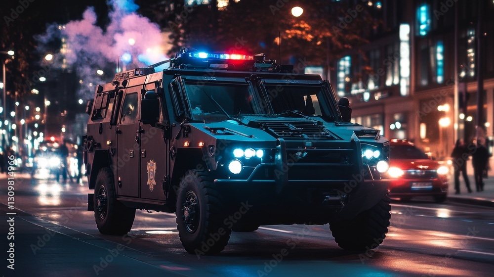 Obraz premium Nighttime Police Vehicle in Urban City