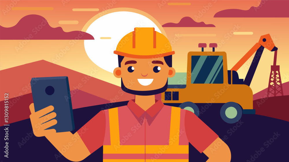 Fototapeta premium With sweat dripping down their face a construction worker takes a quick breather to snap a selfie with their bulldozer at sunset.. Vector illustration