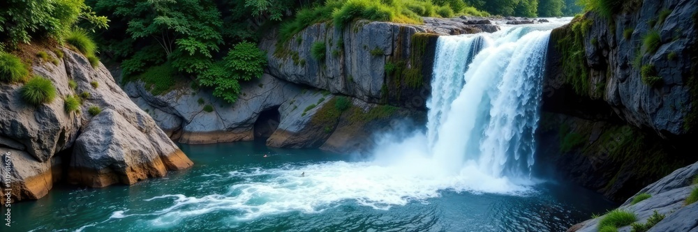 Fototapeta premium flowing water carves rugged cliffside waterfall, carve, organic, flow