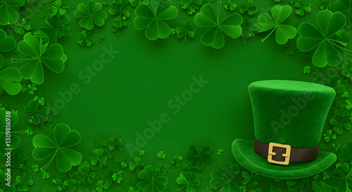 St. Patrick's Day Background with Green Hat and Shamrocks	 photo