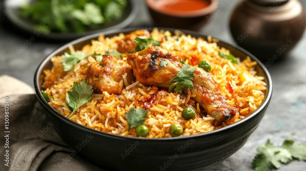 Delicious spicy chicken biryani is presented in a deep black bowl, enhanced with vibrant green herbs and complemented by tangy condiments on the side, creating a rich culinary experience Delicious spicy chicken biryani is presented in a deep black bowl, enhanced with vibrant green herbs and complemented by tangy condiments on the side, creating a rich culinary experience