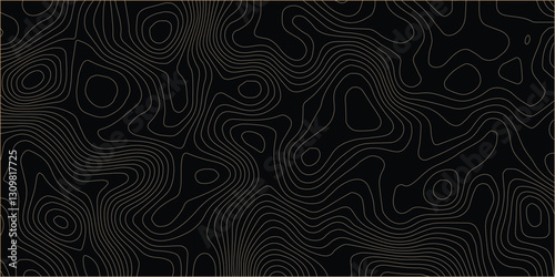 Topographic map relief texture with curved layers. line map with curvy wave. Black topographic paper texture background.
