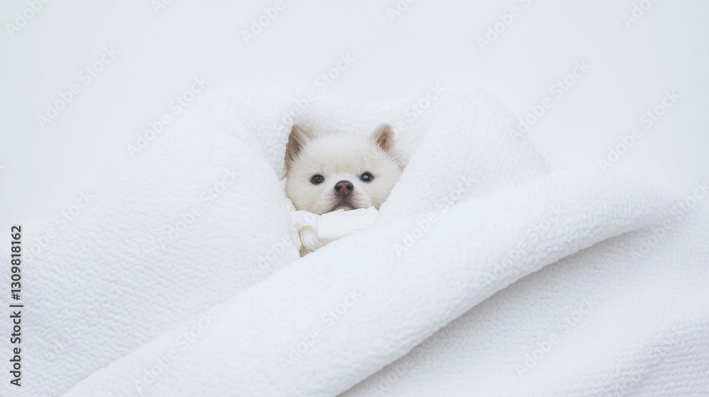 A small white dog is curled up in a blanket A small white dog is curled up in a blanket