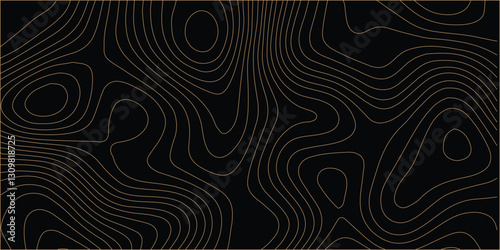 Topographic map relief texture with curved layers. line map with curvy wave. Black topographic paper texture background.

