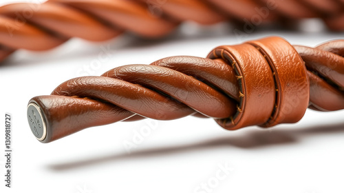 Leather whip isolated over white background closeup macro