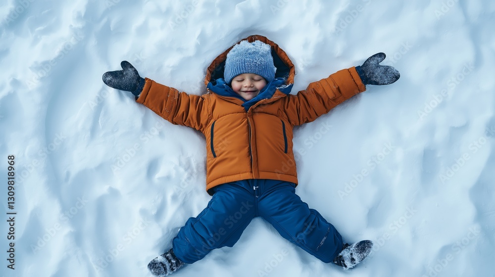 Snow Angel Creation: A child lying on their back making a snow angel, with arms and legs moving to form the shape Snow Angel Creation: A child lying on their back making a snow angel, with arms and legs moving to form the shape