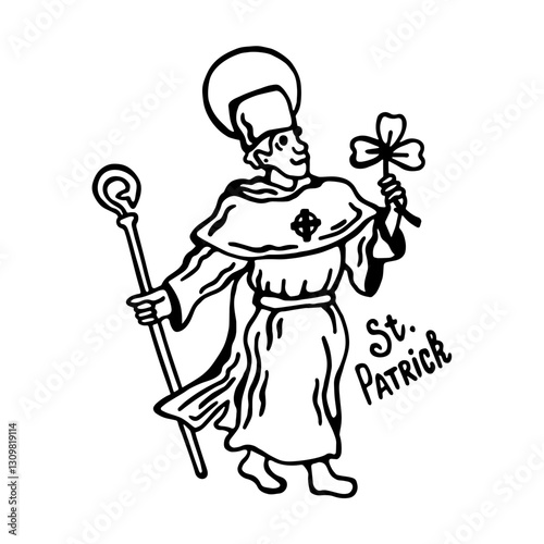 Vector black and white image of Irish missionary, bishop, apostle of Ireland - Saint Patrick with shamrock, halo and staff on white isolated background.
