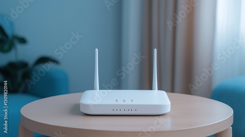 A Wi-Fi router sits on a table in a room, providing a connection to internet for surrounding area photo