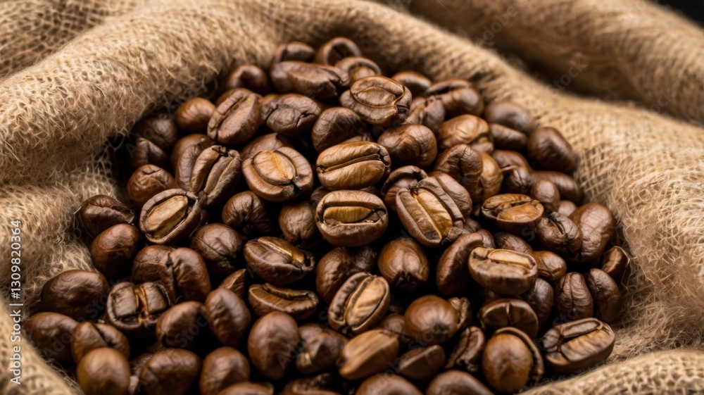 Fototapeta premium Natural coffee beans displayed in a rustic setting highlighting the rich aroma and flavor of fresh coffee