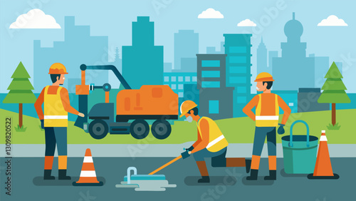 Workers repairing and upgrading the citys sewer system using advanced technology to identify and fix any issues in the underground network.. Vector illustration