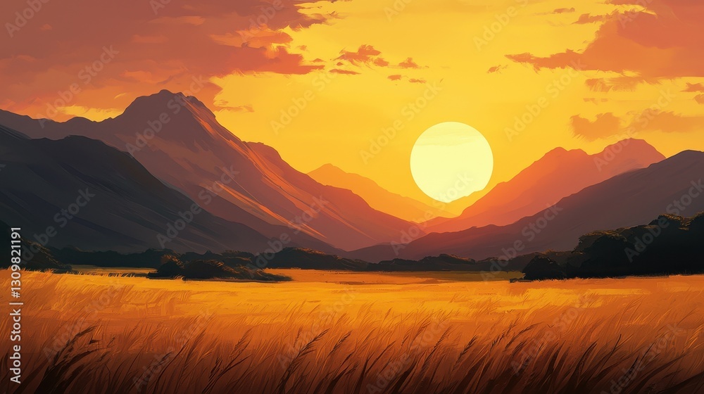 Obraz premium Majestic Sunset over Mountain Landscape with Golden Fields