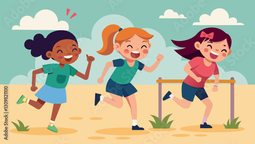 Laughing and squealing a group of girls run through an obstacle course their faces determined as they try to beat the clock and be the first team to. Vector illustration