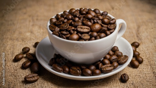 Organic coffee beans resting in a rustic cup surrounded by natural light and warm textures for a cozy feel