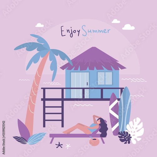 Shack house on beachfront, bungalow country building cottage on ocean shore. Tourist woman lying on deck chair sunbathing.