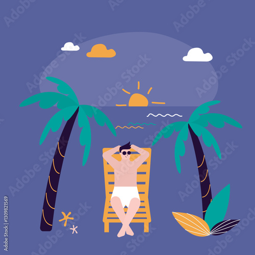 Summertime, concept. Tourist lying on deck chair and watching sunset. Sea shore with palms exotic hotel. Male character on summer vacation, tropical resort.