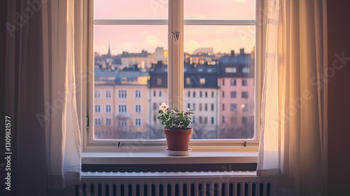 Daylit Stockholm apartment window view: pink sky, beige walls, flower pot, white curtains, cityscape close-up