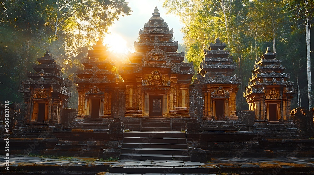Naklejka premium Sunrise temple complex amid jungle trees