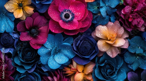 Vibrant Collection of Colorful Flowers with Raindrops on Petals