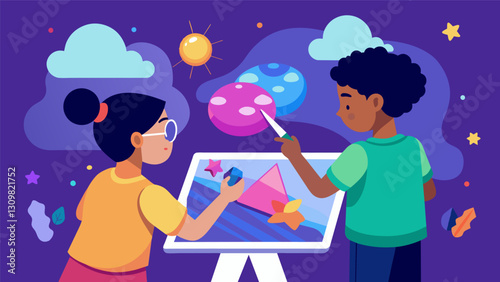 Two siblings painting the air with virtual colors and shapes as they create a digital masterpiece through their AR devices.. Vector illustration