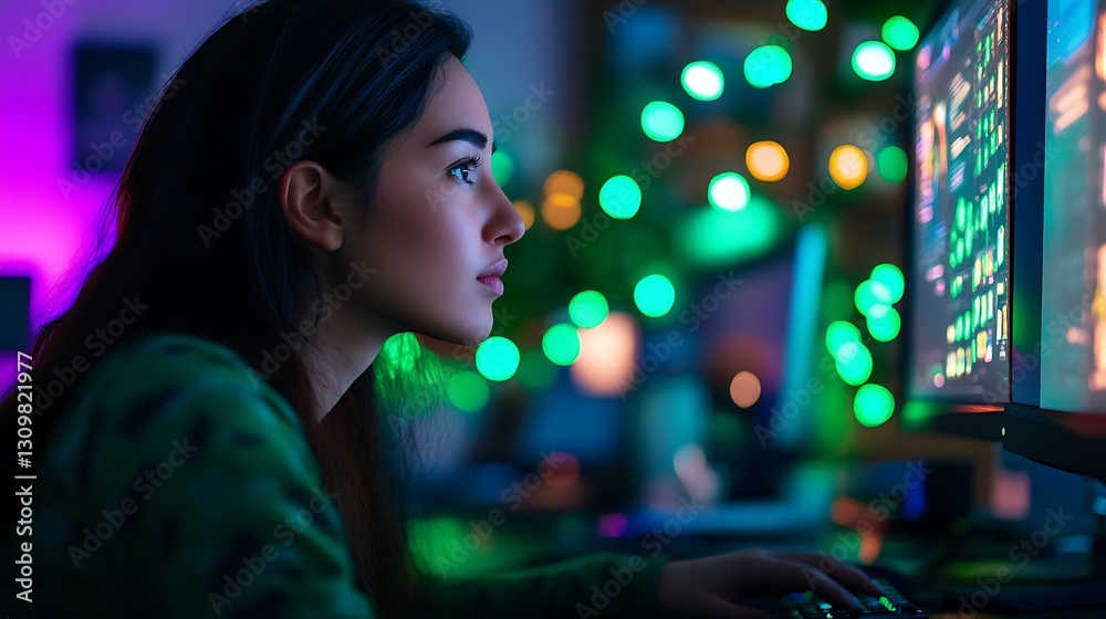 A skilled software engineer typing away, green St. Patrick’s Day lights casting a unique glow on her workstation A skilled software engineer typing away, green St. Patrick’s Day lights casting a unique glow on her workstation