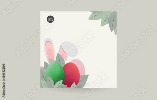 Easter eggs with rabbit ears. Green grass. Square greeting card, banner.