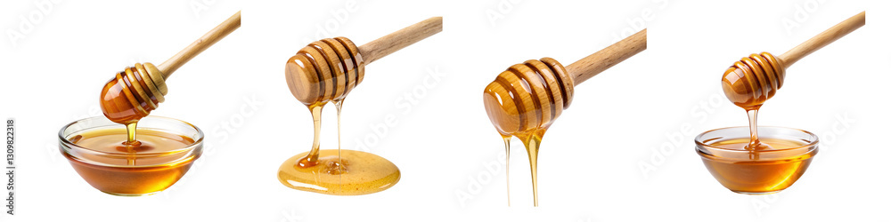 Golden honey dripping from dipper in warm light isolated on a transparent background. Golden honey dripping from dipper in warm light isolated on a transparent background.