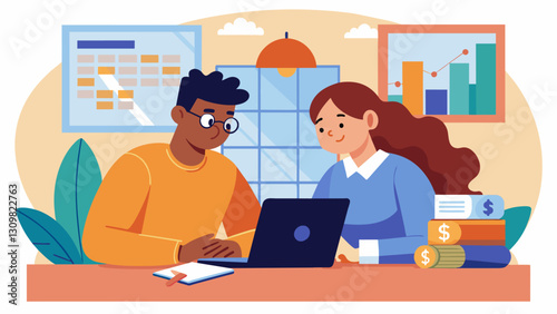 In a cozy corner of the financial aid office a student and an advisor sit side by side carefully crafting a budget plan for the upcoming semester.. Vector illustration