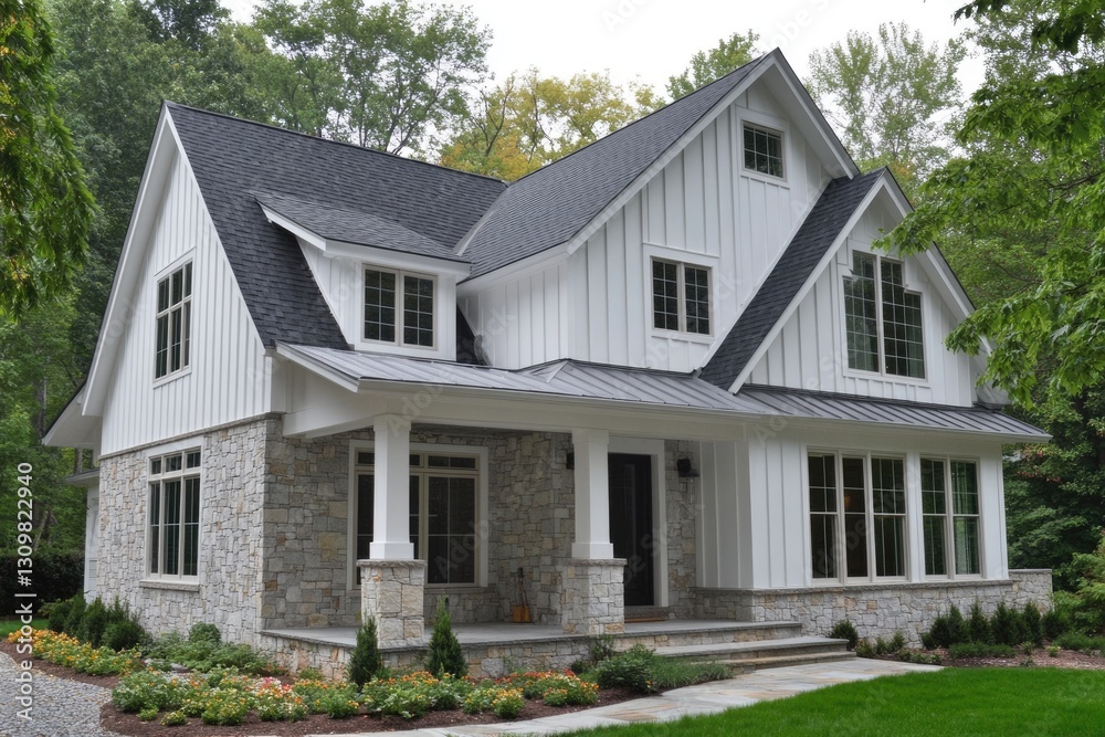 Stylish Home Facade Featuring Stone Veneer and Classic White Board and Batten Siding with Inviting Porch Design Stylish Home Facade Featuring Stone Veneer and Classic White Board and Batten Siding with Inviting Porch Design