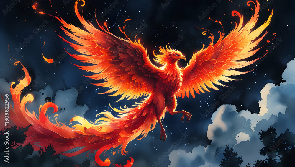 Mysterious phoenix soaring through a twilight sky illuminated by flames and surrounded by dark clouds Mysterious phoenix soaring through a twilight sky illuminated by flames and surrounded by dark clouds